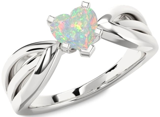 Opal Silver Heart Solitaire Engagement Ring