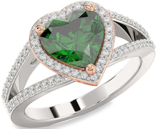 Diamond Emerald Platinum & Rose Gold Heart Halo Pave Engagement Ring