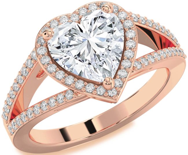 Diamond Rose Gold Silver Heart Halo Pave Engagement Ring