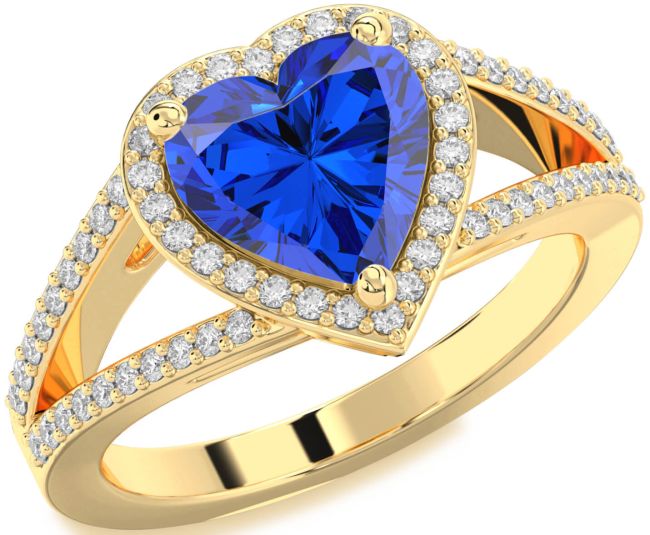Diamond Blue Sapphire Gold Heart Halo Pave Engagement Ring