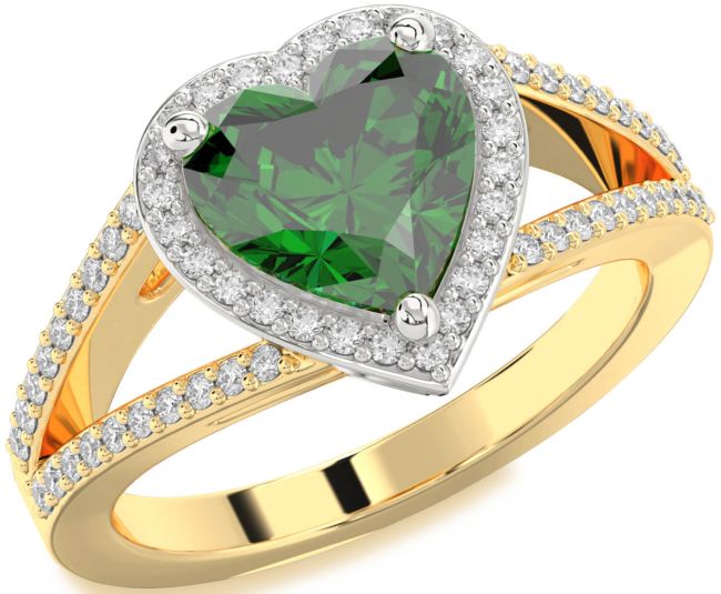 Diamond Emerald Platinum & Yellow Gold Heart Halo Pave Engagement Ring