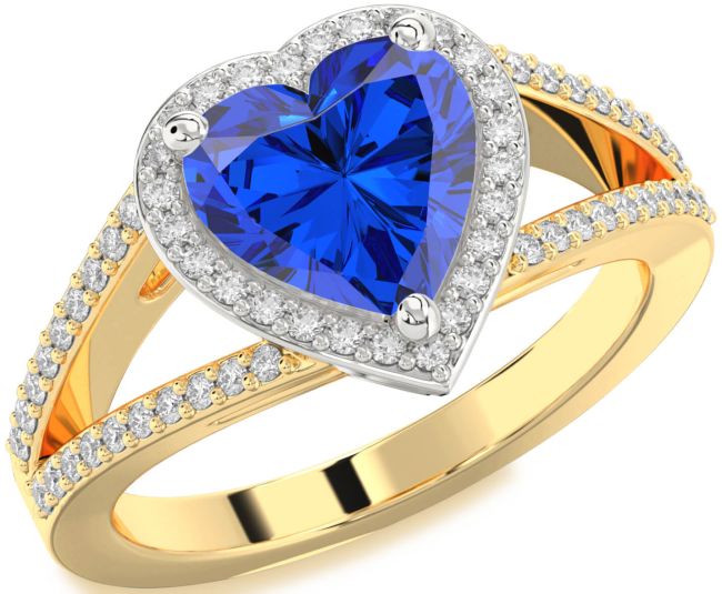 Diamond Blue Sapphire Gold Silver Heart Halo Pave Engagement Ring