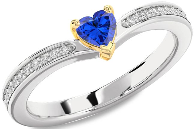 Diamond Blue Sapphire Gold Silver Heart Pave Promise Ring