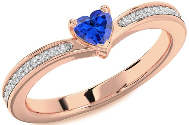 Diamond Blue Sapphire Rose Gold Silver Heart Pave Promise Ring