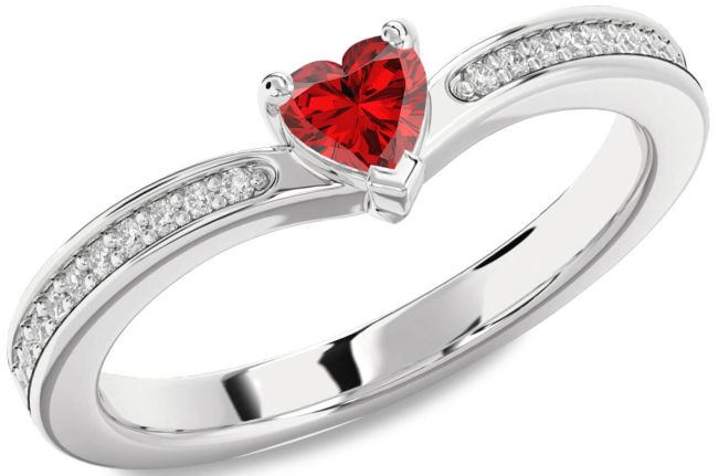 Diamond Ruby Silver Heart Pave Promise Ring