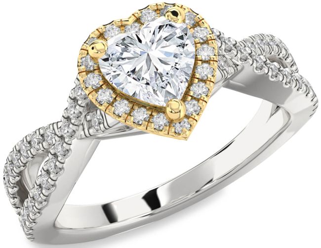 Diamond Gold Silver Heart Halo Pave Engagement Ring