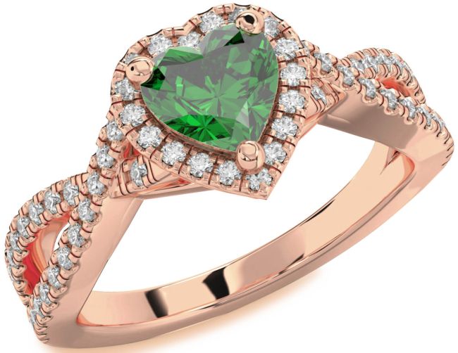 Diamond Emerald Rose Gold Silver Heart Halo Pave Engagement Ring