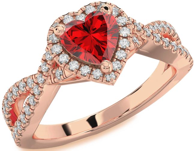 Diamond Ruby Rose Gold Heart Halo Pave Engagement Ring