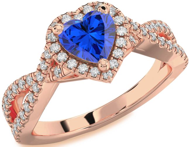 Diamond Blue Sapphire Rose Gold Heart Halo Pave Engagement Ring