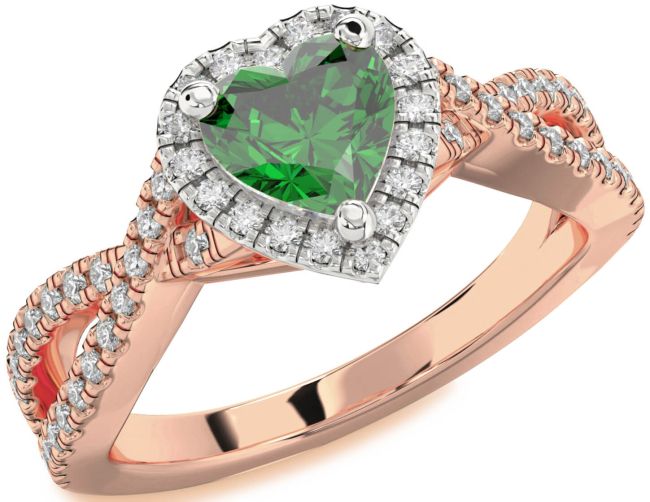 Diamond Emerald Rose Gold Silver Heart Halo Pave Engagement Ring