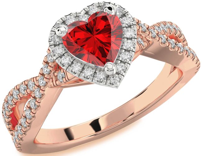 Diamond Ruby Rose Gold Silver Heart Halo Pave Engagement Ring