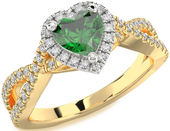Diamond Emerald White Yellow Gold Heart Halo Pave Engagement Ring