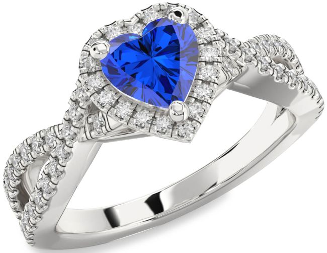 Diamond Blue Sapphire White Gold Heart Halo Pave Engagement Ring