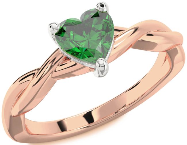 Emerald Rose Gold Silver Heart Knot Solitaire Engagement Ring