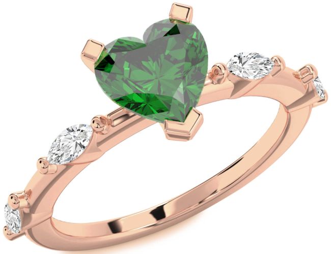 Diamond Emerald Rose Gold Silver Heart Engagement Ring