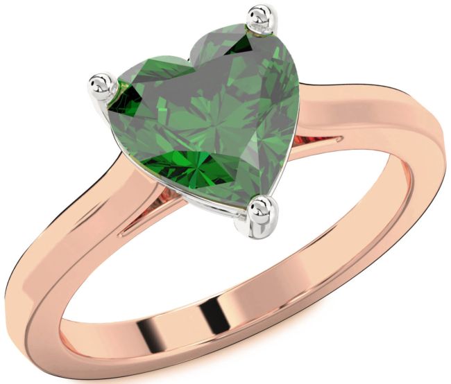 Emerald Rose Gold Silver Heart Solitaire Engagement Ring