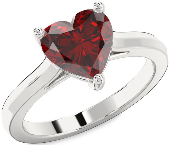 Garnet Silver Heart Solitaire Engagement Ring