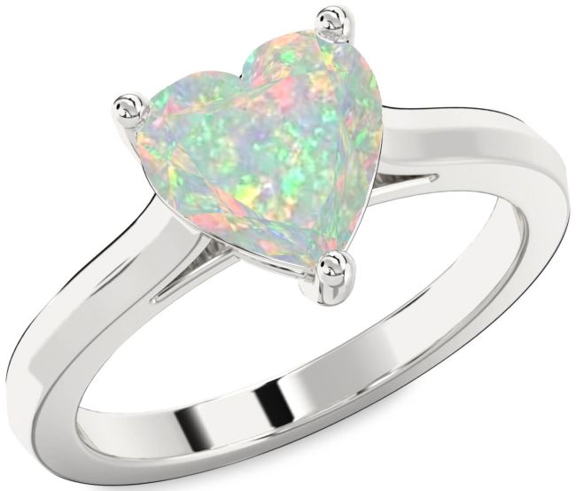 Opal Silver Heart Solitaire Engagement Ring