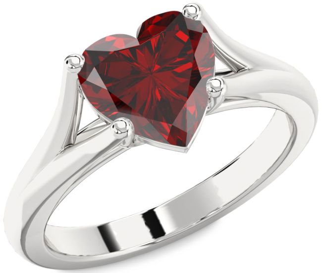 Garnet Silver Heart Solitaire Engagement Ring