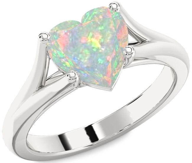 Opal Silver Heart Solitaire Engagement Ring