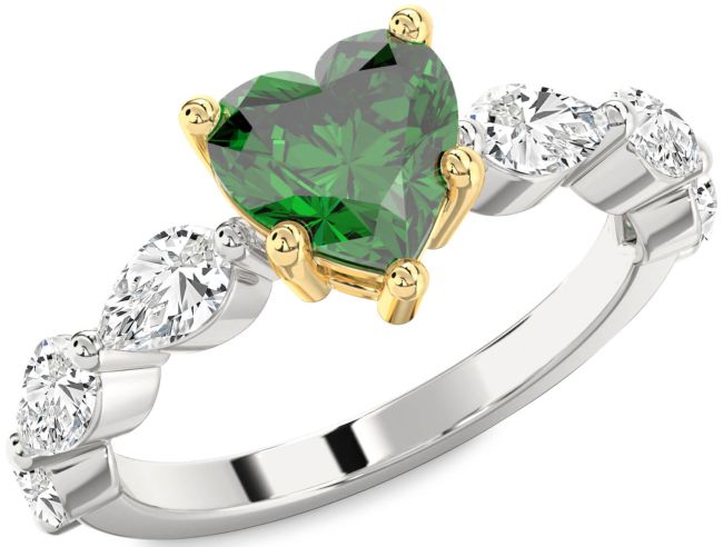 Diamond Emerald Silver & 10K gold Heart Engagement Ring