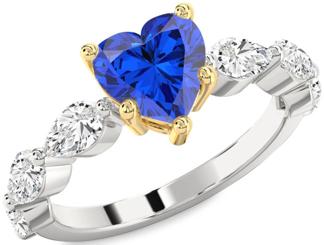 Diamond Blue Sapphire Gold Silver Heart Engagement Ring