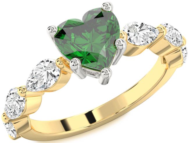 Diamond Emerald Platinum & Yellow Gold Heart Engagement Ring