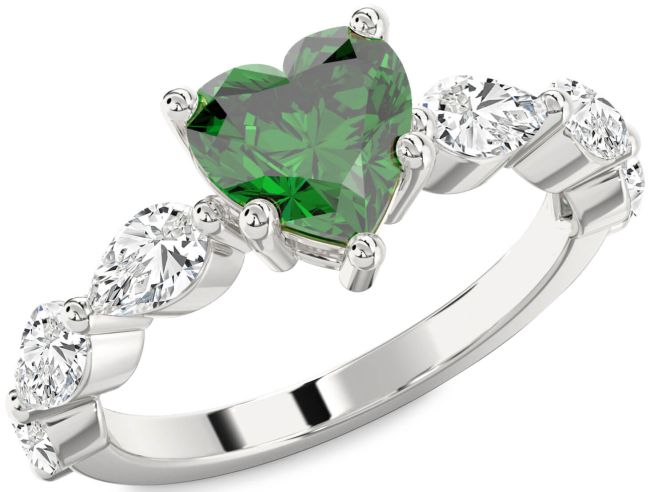 Diamond Emerald Silver Heart Engagement Ring