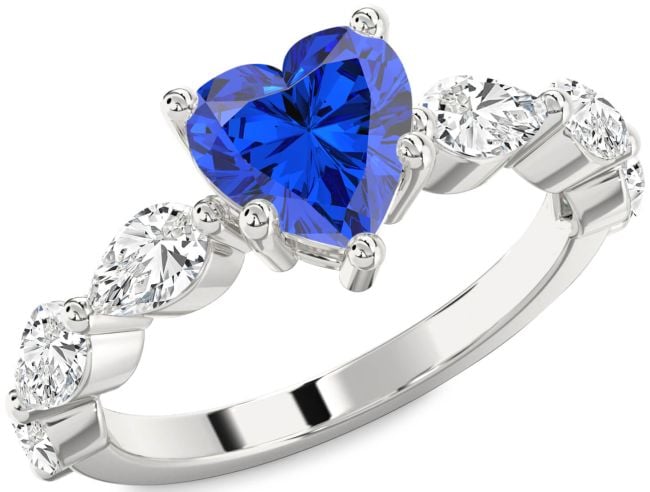 Diamond Blue Sapphire Platinum Heart Engagement Ring