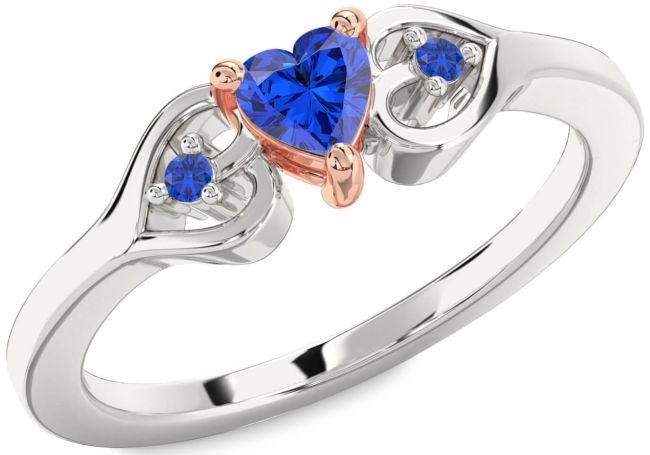 Diamond Blue Sapphire Rose Gold Silver Heart Three Stone Engagement Ring
