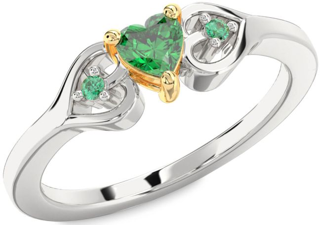 Diamond Emerald White Yellow Gold Heart Three Stone Engagement Ring