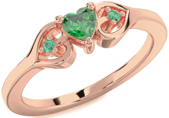 Diamond Emerald Rose Gold Heart Three Stone Engagement Ring