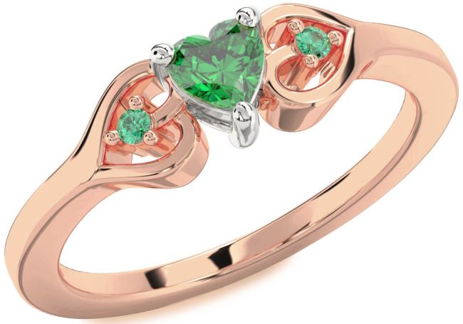 Diamond Emerald Platinum & Rose Gold Heart Three Stone Engagement Ring