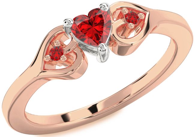 Diamond Ruby White Rose Gold Heart Three Stone Engagement Ring