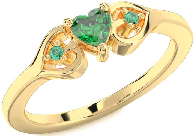 Diamond Emerald Gold Heart Three Stone Engagement Ring