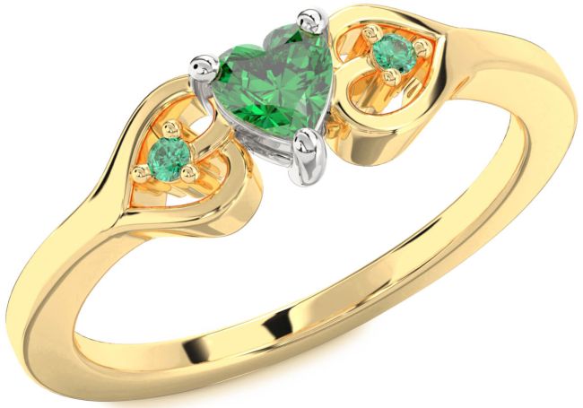 Diamond Emerald Gold Silver Heart Three Stone Engagement Ring