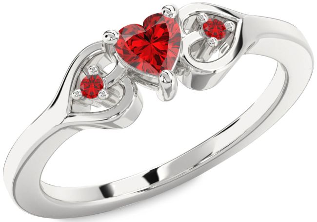 Diamond Ruby Platinum Heart Three Stone Engagement Ring