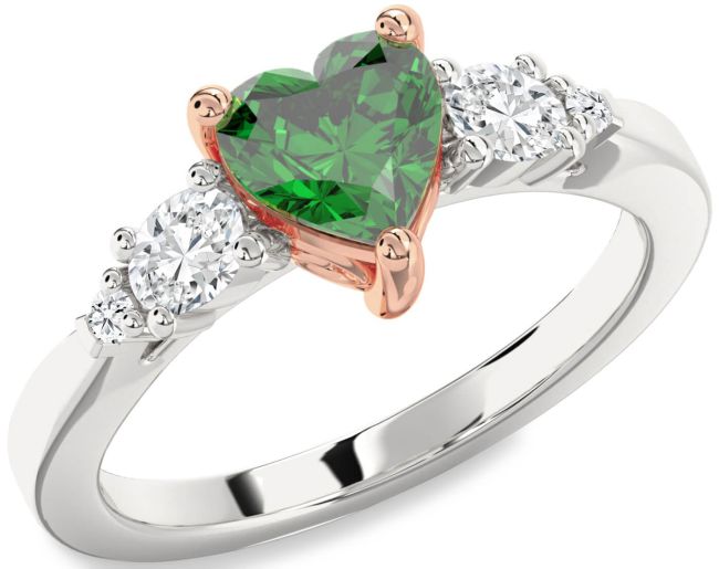Diamond Emerald Rose Gold Silver Heart Three Stone Engagement Ring