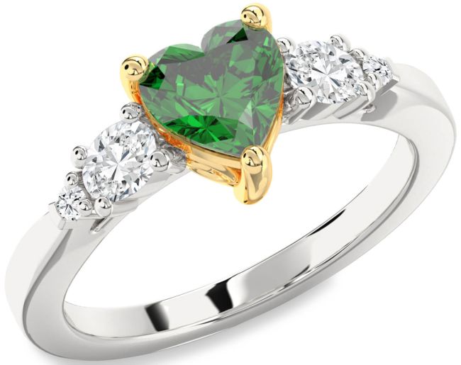 Diamond Emerald White Yellow Gold Heart Three Stone Engagement Ring