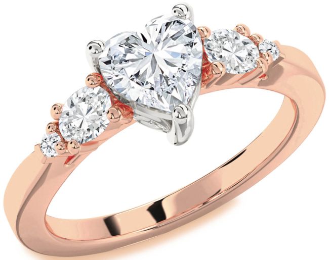 Diamond Rose Gold Silver Heart Three Stone Engagement Ring