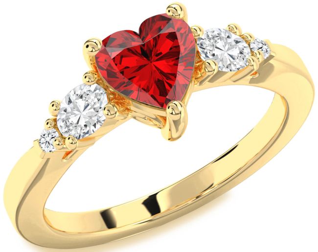 Diamond Ruby Gold Silver Heart Three Stone Engagement Ring