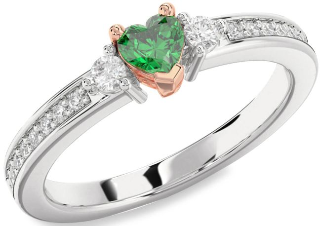 Diamond Emerald Platinum & Rose Gold Heart Three Stone Engagement Ring