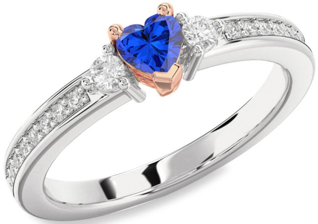 Diamond Blue Sapphire Platinum & Rose Gold Heart Three Stone Engagement Ring