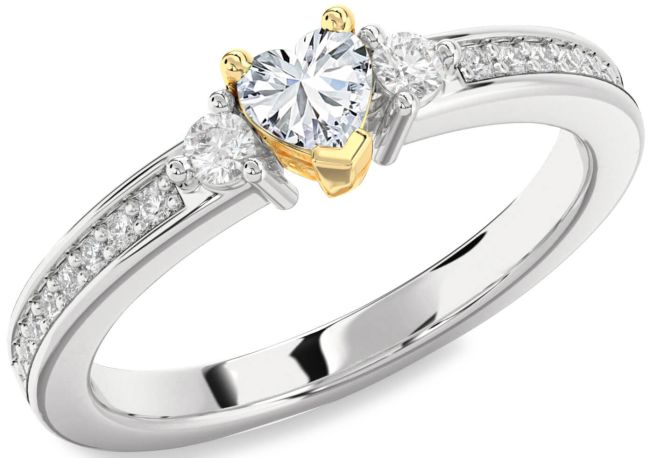Diamond Silver & 10K gold Heart Three Stone Engagement Ring
