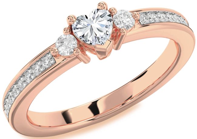 Diamond Rose Gold Silver Heart Three Stone Engagement Ring