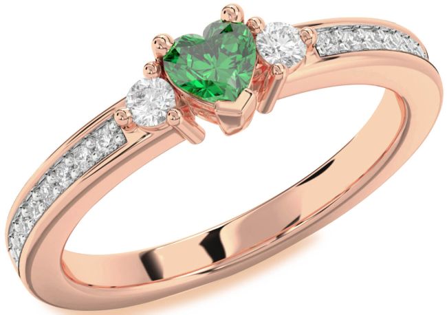 Diamond Emerald Rose Gold Heart Three Stone Engagement Ring