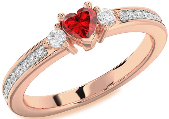 Diamond Ruby Rose Gold Heart Three Stone Engagement Ring