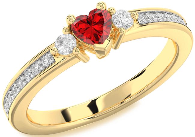 Diamond Ruby Gold Heart Three Stone Engagement Ring