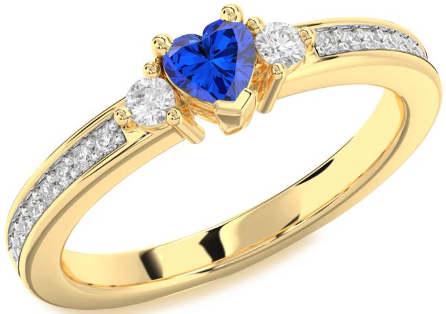 Diamond Blue Sapphire Gold Silver Heart Three Stone Engagement Ring