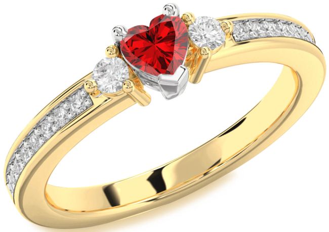 Diamond Ruby Gold Silver Heart Three Stone Engagement Ring